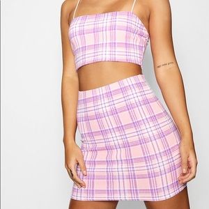 🔥Boohoo pink plaid mini skirt and crop set